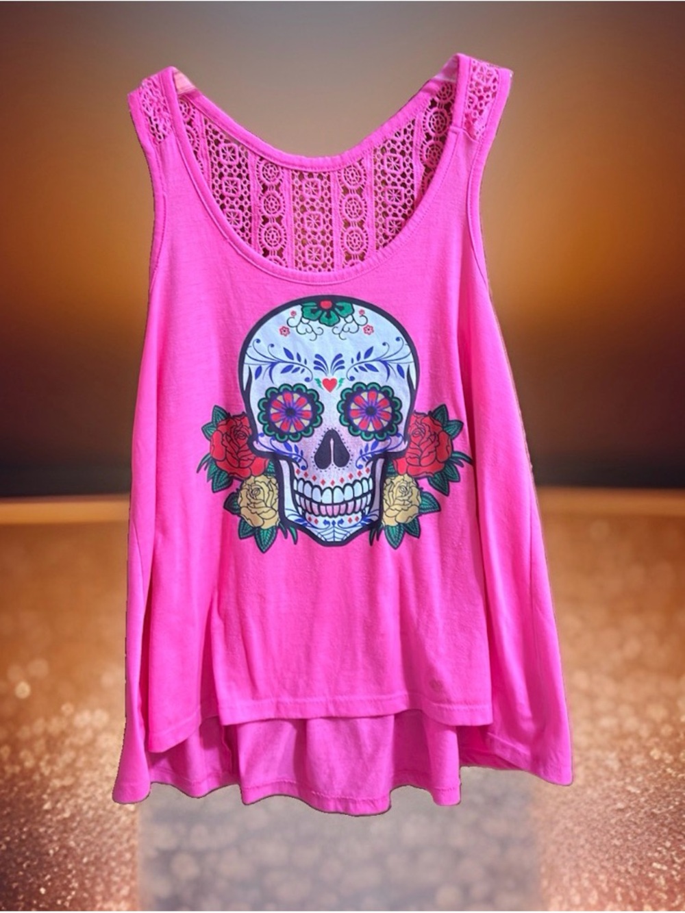 No Boundaries Hot Pink Lace-Back Sugar Skull Tank-M(7/9)-GC